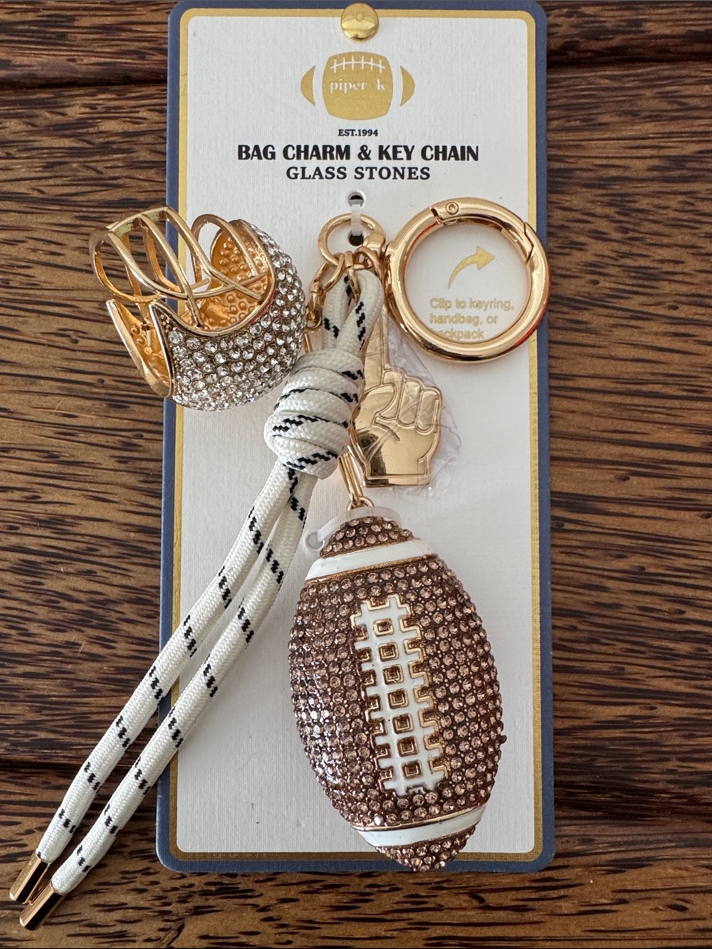 Paper Fox Gold & Brown Football Charms Keychain with Rope Strap